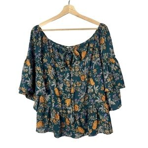 Boutique Umgee Teal Blue Floral Off Shoulder Short Sleeve Top S
